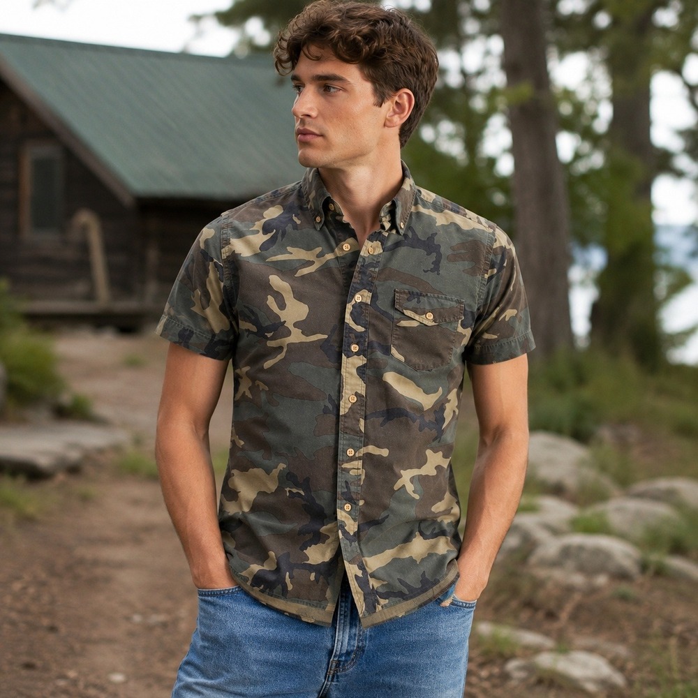 Ralph Lauren Camo Button Front Shirt Short Sleeve Pocket Cotton Military Men's M